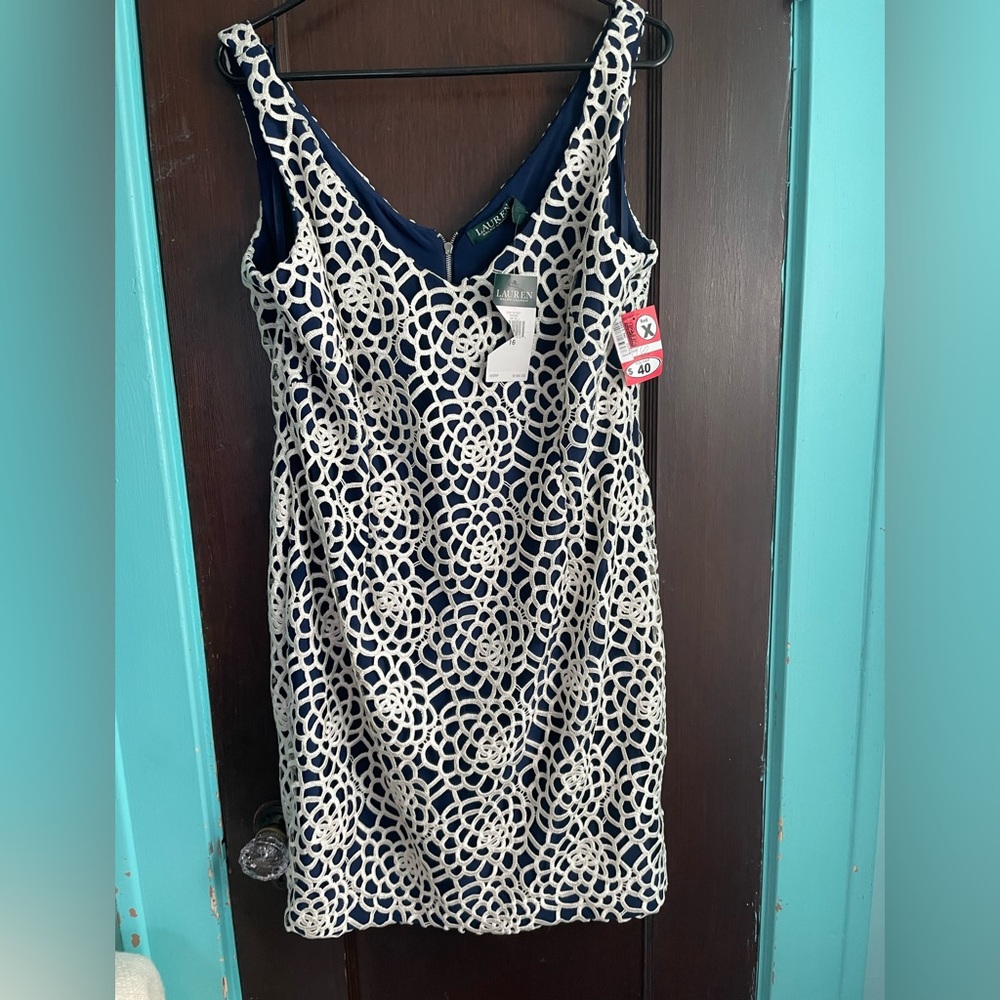 Size 16p NWT Ralph Lauren Dress Navy w/white lace